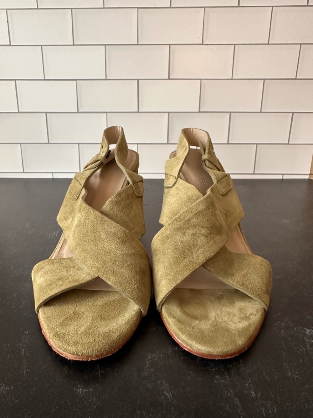 Women's Olive Suede Crossband Wedge Sandals 3 inches